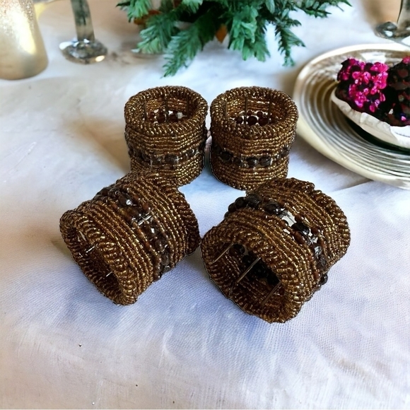 Vintage Set of 4 Copper Handmade Micro Beaded Napkin Rings Moroccan Napkin Rings - Picture 2 of 9